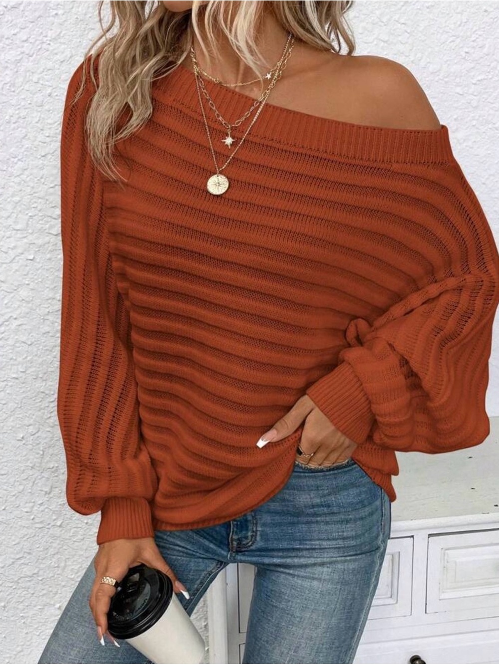 SHEIN CURVE Off-Shoulder Ribbed Sweater in Rust,‎ Size 0XL